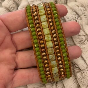 NWT Handstitched wide bracelet woven with marble, green and bronze Czech beads